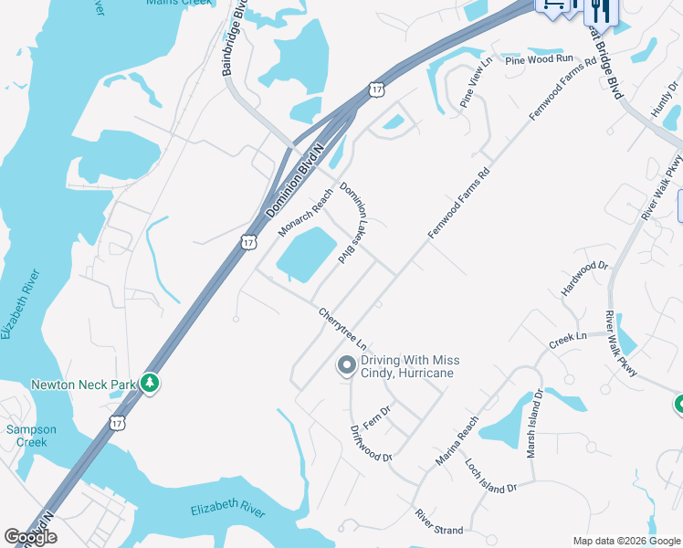 map of restaurants, bars, coffee shops, grocery stores, and more near 416 Mapleshore Drive in Chesapeake