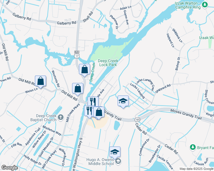 map of restaurants, bars, coffee shops, grocery stores, and more near 218 Gale Avenue in Chesapeake