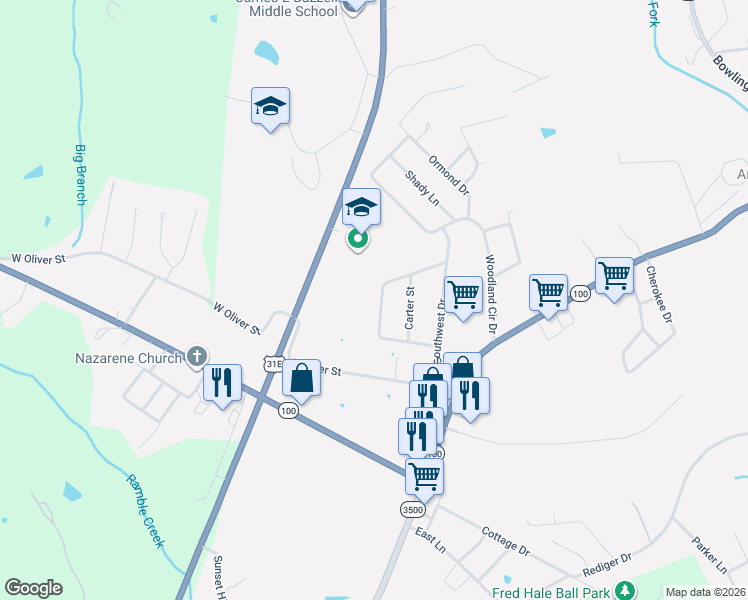 map of restaurants, bars, coffee shops, grocery stores, and more near 128-298 Southwest Circle in Scottsville