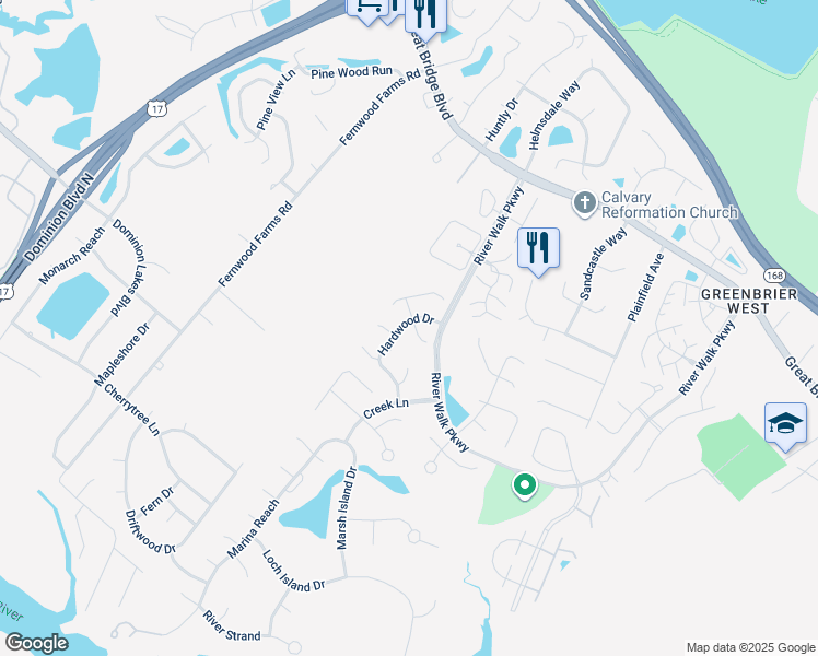 map of restaurants, bars, coffee shops, grocery stores, and more near 713 Broadleaf Crossing in Chesapeake