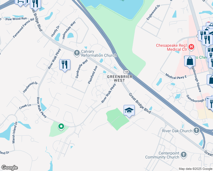 map of restaurants, bars, coffee shops, grocery stores, and more near 1912 Willow Point Arch in Chesapeake
