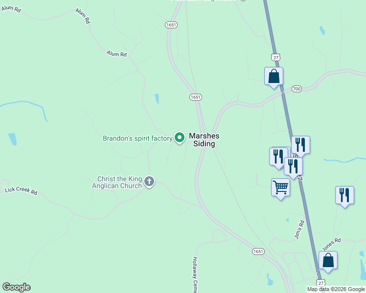 map of restaurants, bars, coffee shops, grocery stores, and more near Fred Patrick Road in Whitley City