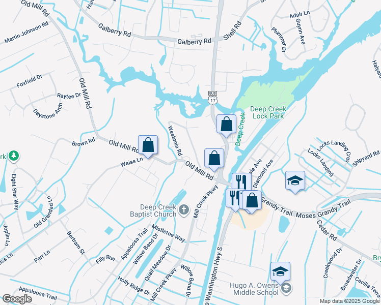 map of restaurants, bars, coffee shops, grocery stores, and more near 243 Westonia Road in Chesapeake