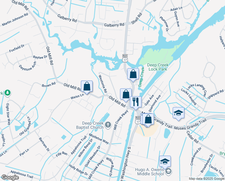 map of restaurants, bars, coffee shops, grocery stores, and more near 243 Westonia Road in Chesapeake