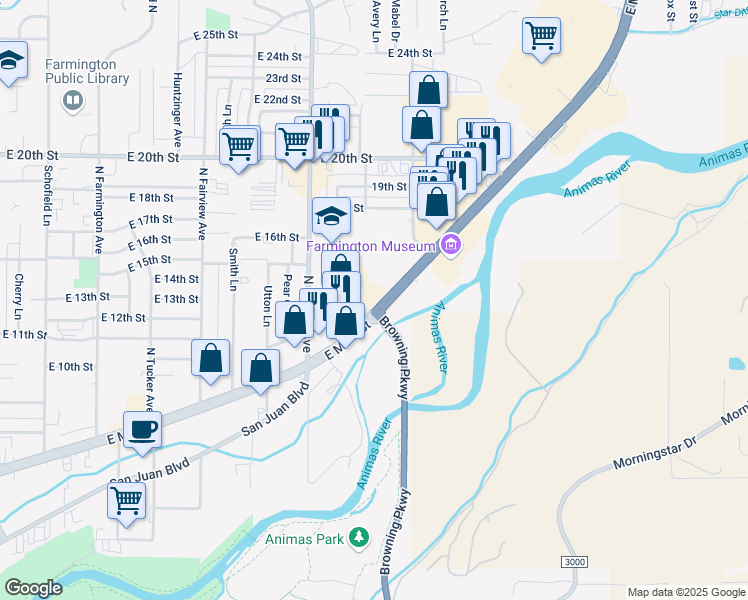 map of restaurants, bars, coffee shops, grocery stores, and more near 2900 East Main Street in Farmington