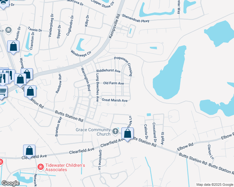map of restaurants, bars, coffee shops, grocery stores, and more near 905 Great Marsh Avenue in Chesapeake