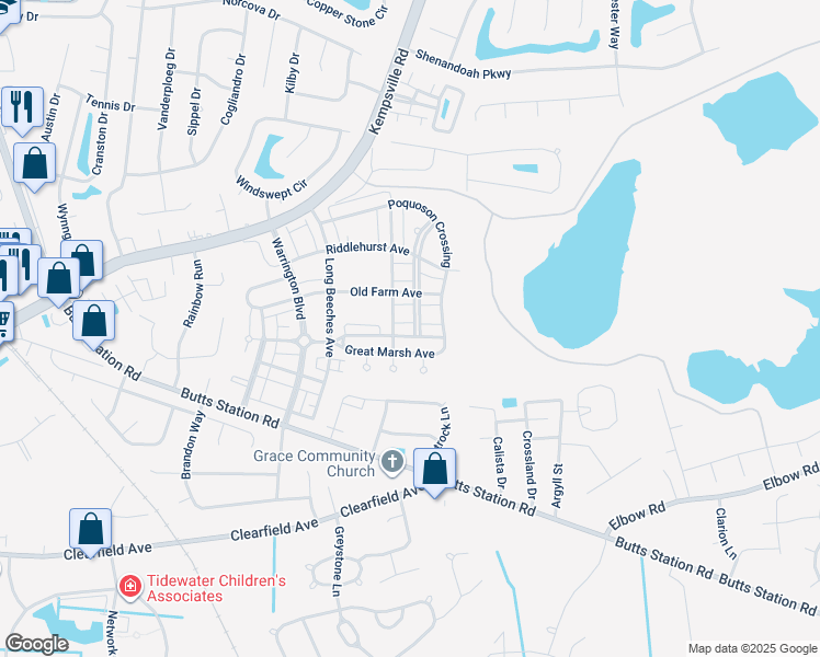 map of restaurants, bars, coffee shops, grocery stores, and more near 908 Great Marsh Ave in Chesapeake