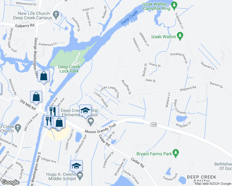 map of restaurants, bars, coffee shops, grocery stores, and more near 2208 Locks Landing Crescent in Chesapeake