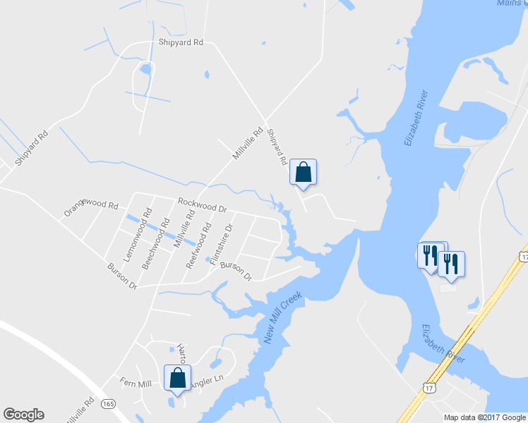 map of restaurants, bars, coffee shops, grocery stores, and more near 1776 Rockwood Drive in Chesapeake