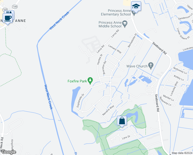map of restaurants, bars, coffee shops, grocery stores, and more near 2322 Charing Cross Road in Virginia Beach