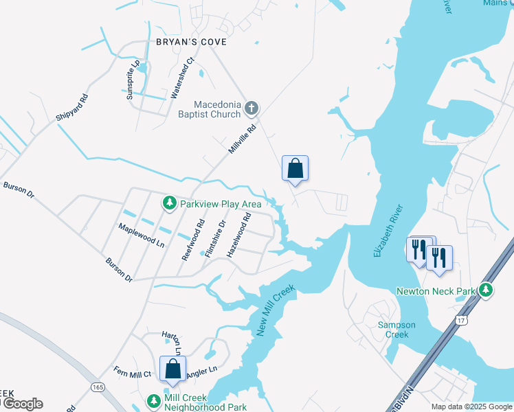 map of restaurants, bars, coffee shops, grocery stores, and more near 1776 Rockwood Drive in Chesapeake
