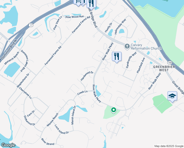 map of restaurants, bars, coffee shops, grocery stores, and more near 801 Hardwood Drive in Chesapeake