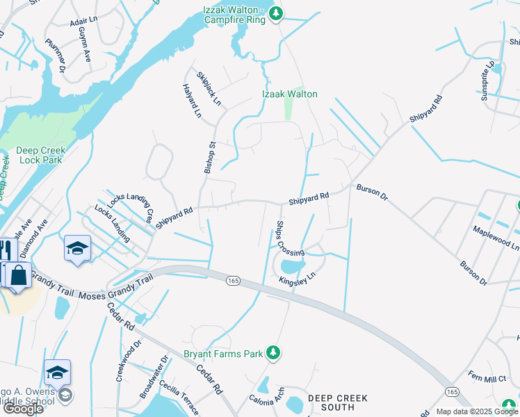 map of restaurants, bars, coffee shops, grocery stores, and more near 2207 Shipyard Road in Chesapeake