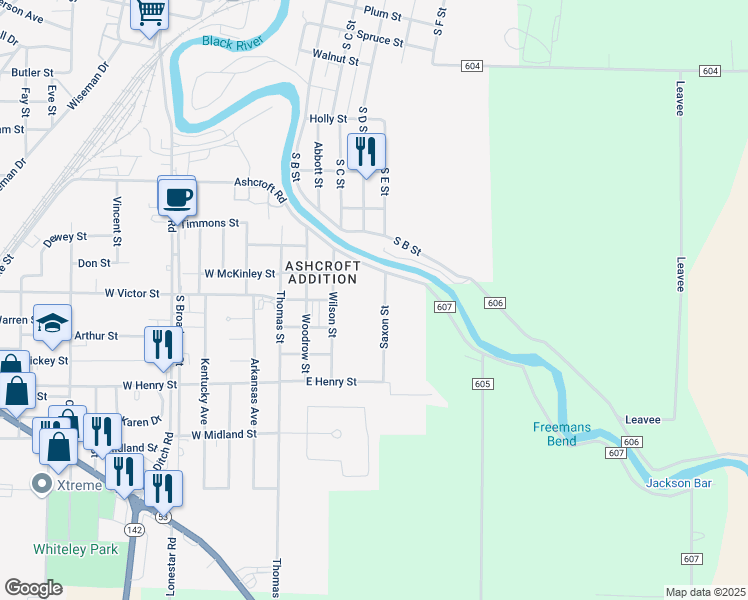 map of restaurants, bars, coffee shops, grocery stores, and more near 1603 Saxon Street in Poplar Bluff