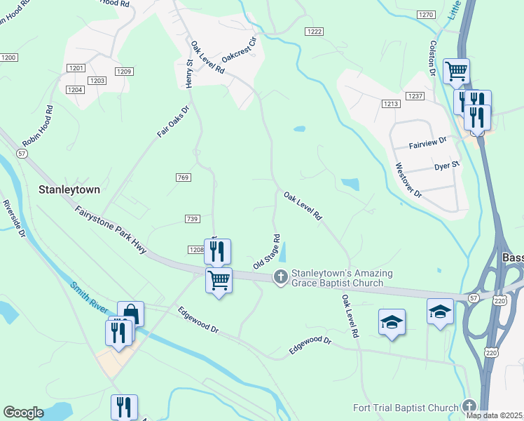 map of restaurants, bars, coffee shops, grocery stores, and more near 71 Crystal View Lane in Bassett