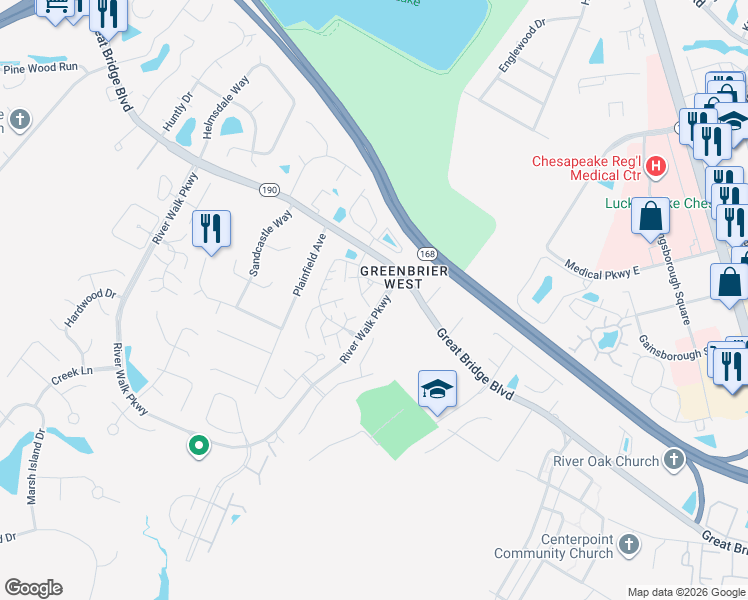 map of restaurants, bars, coffee shops, grocery stores, and more near 1710 Willow Point Arch in Chesapeake