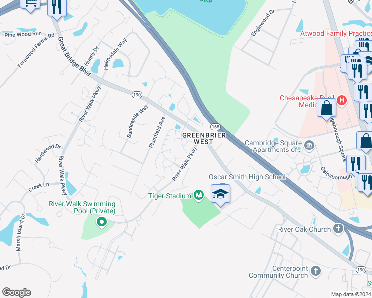 map of restaurants, bars, coffee shops, grocery stores, and more near 2100 Willow Point Arch in Chesapeake