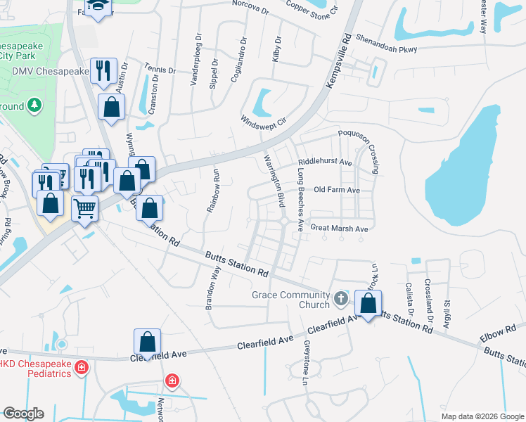 map of restaurants, bars, coffee shops, grocery stores, and more near 939 Stanhope Gardens in Chesapeake