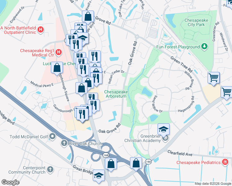 map of restaurants, bars, coffee shops, grocery stores, and more near 624 Oak Grove Road in Chesapeake