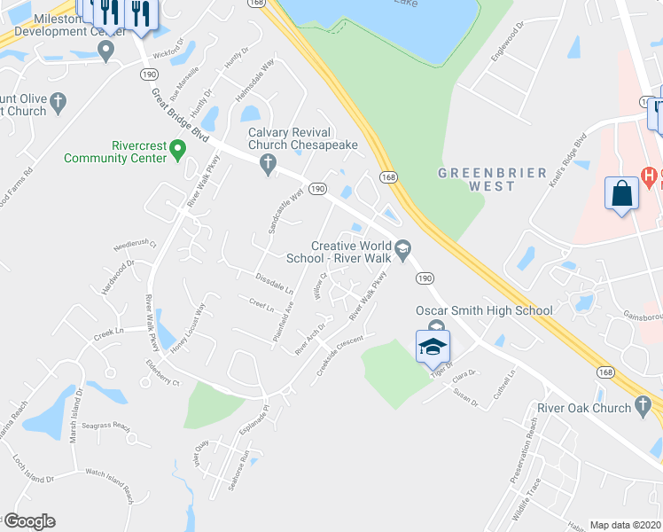 map of restaurants, bars, coffee shops, grocery stores, and more near 616 Willow Green Court in Chesapeake