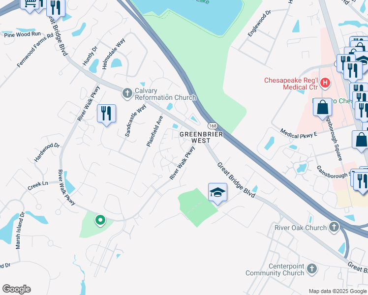 map of restaurants, bars, coffee shops, grocery stores, and more near 2100 Willow Point Arch in Chesapeake