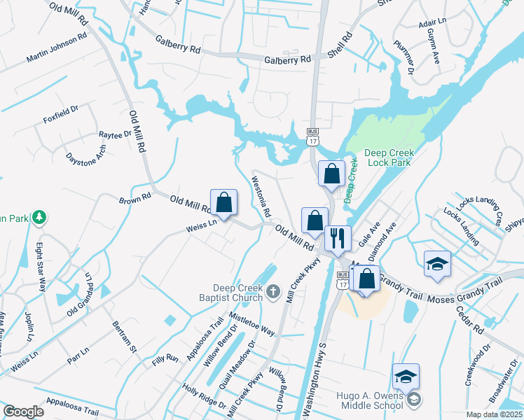 map of restaurants, bars, coffee shops, grocery stores, and more near 109 Westonia Road in Chesapeake