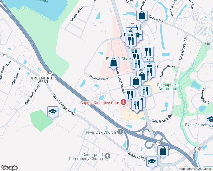 map of restaurants, bars, coffee shops, grocery stores, and more near 309 Gainsborough Square in Chesapeake
