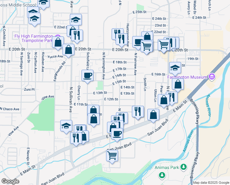 map of restaurants, bars, coffee shops, grocery stores, and more near 1300 Fairview Place in Farmington