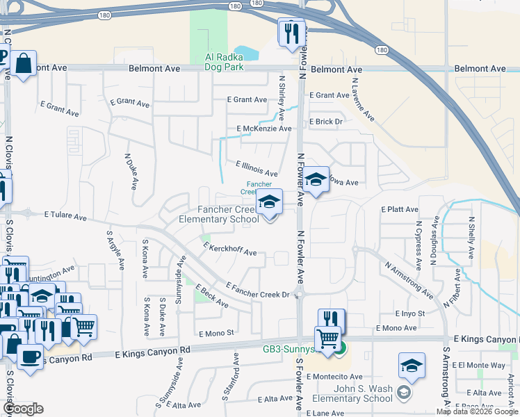 map of restaurants, bars, coffee shops, grocery stores, and more near 5948 East Tulare Avenue in Fresno