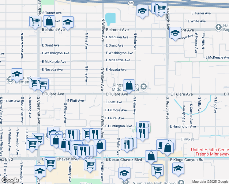 map of restaurants, bars, coffee shops, grocery stores, and more near 190 North Willow Avenue in Fresno
