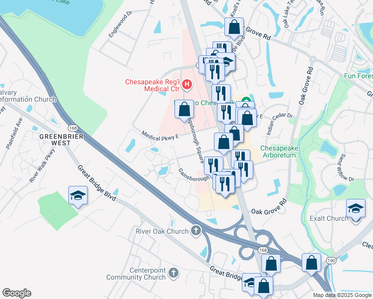 map of restaurants, bars, coffee shops, grocery stores, and more near 688 Kingsborough Square in Chesapeake