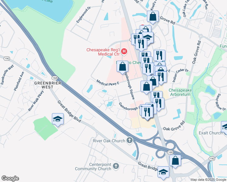 map of restaurants, bars, coffee shops, grocery stores, and more near 306 Gainsborough Square in Chesapeake