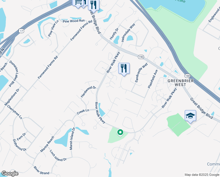 map of restaurants, bars, coffee shops, grocery stores, and more near 704 Meherrin River Court in Chesapeake