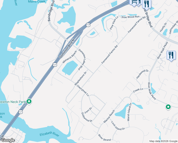 map of restaurants, bars, coffee shops, grocery stores, and more near 1213 Spruce Lane in Chesapeake