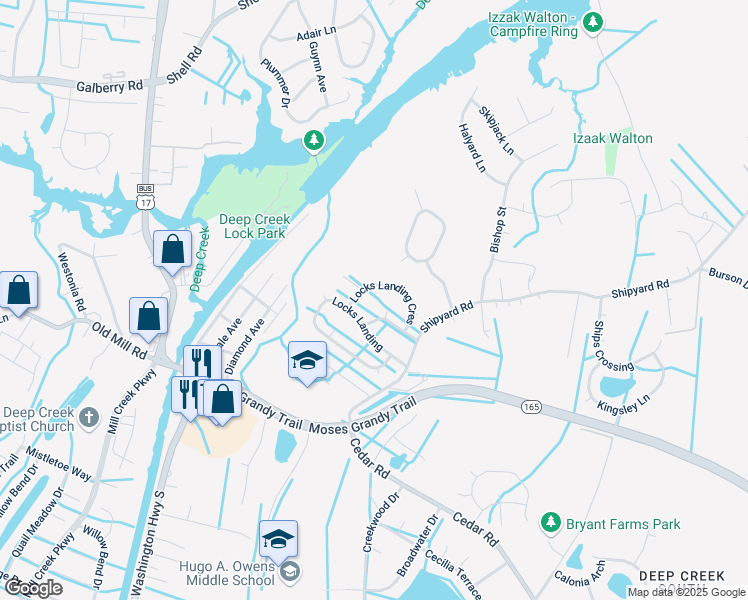 map of restaurants, bars, coffee shops, grocery stores, and more near 2233 Locks Landing Crescent in Chesapeake
