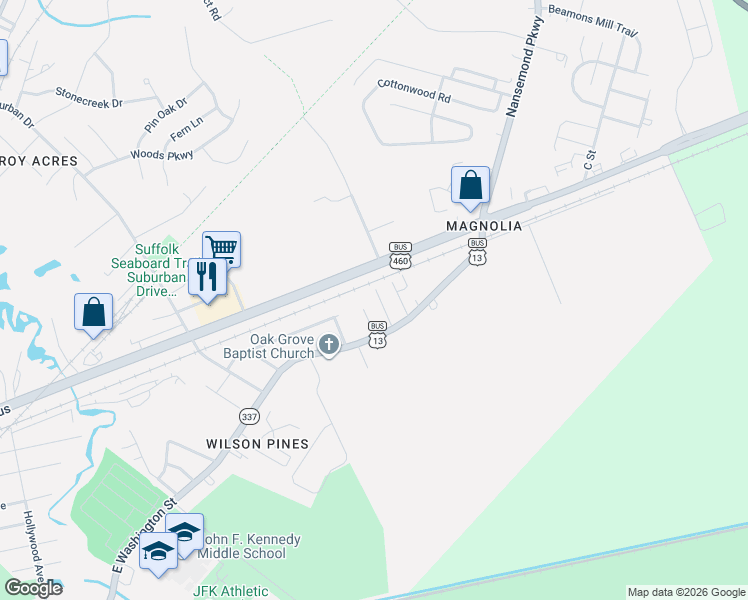 map of restaurants, bars, coffee shops, grocery stores, and more near 121 Bell Street in Suffolk