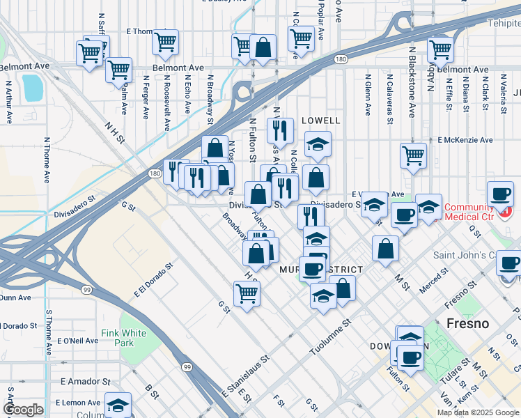 map of restaurants, bars, coffee shops, grocery stores, and more near 65 North Fulton Street in Fresno