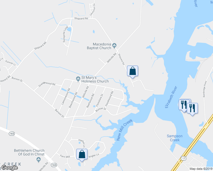 map of restaurants, bars, coffee shops, grocery stores, and more near 1820 Rockwood Drive in Chesapeake