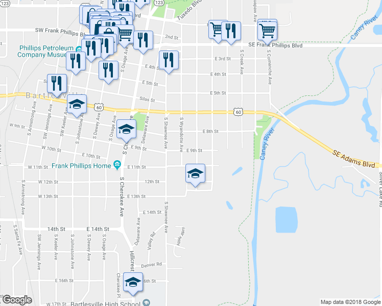 map of restaurants, bars, coffee shops, grocery stores, and more near 711 East 9th Street in Bartlesville