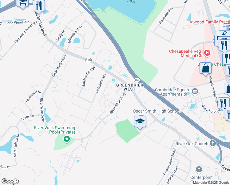 map of restaurants, bars, coffee shops, grocery stores, and more near 1816 Willow Point Arch in Chesapeake