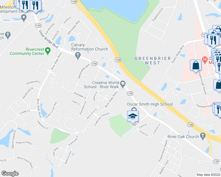 map of restaurants, bars, coffee shops, grocery stores, and more near 2212 Willow Point Arch in Chesapeake
