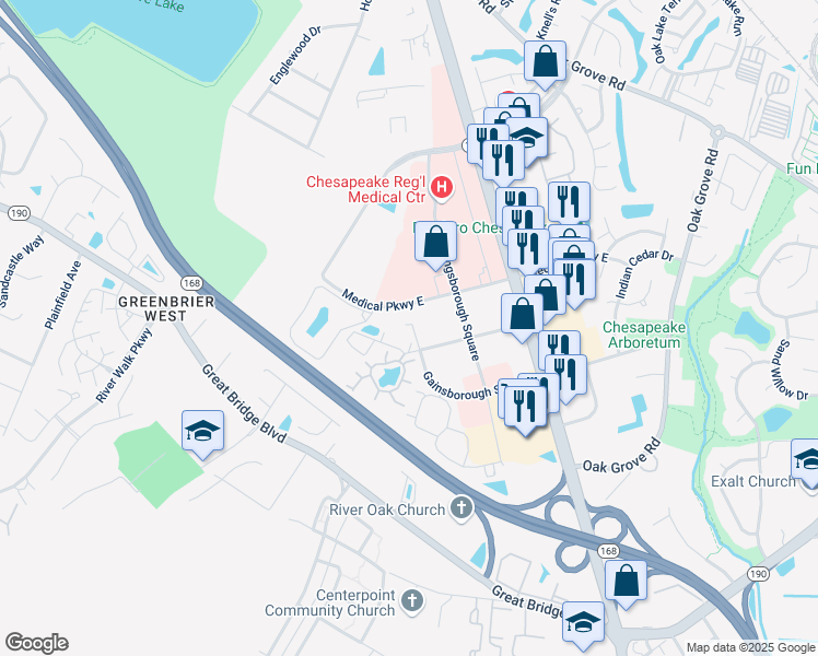 map of restaurants, bars, coffee shops, grocery stores, and more near 306 Gainsborough Square in Chesapeake