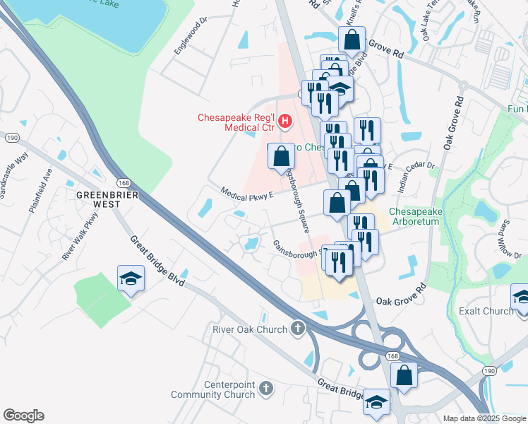 map of restaurants, bars, coffee shops, grocery stores, and more near 307 Gainsborough Square in Chesapeake