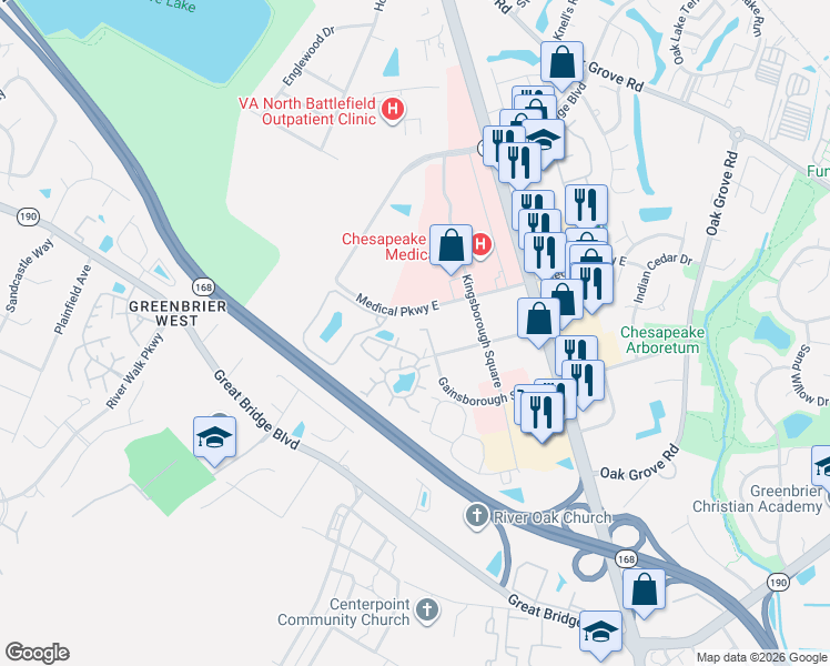 map of restaurants, bars, coffee shops, grocery stores, and more near 417 Tapestry Park Loop in Chesapeake