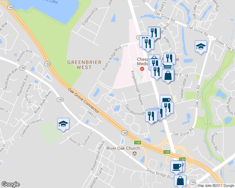 map of restaurants, bars, coffee shops, grocery stores, and more near 333 Gainsborough Square in Chesapeake