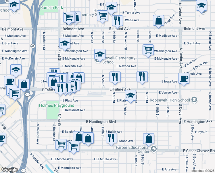 map of restaurants, bars, coffee shops, grocery stores, and more near 3504b East Iowa Avenue in Fresno