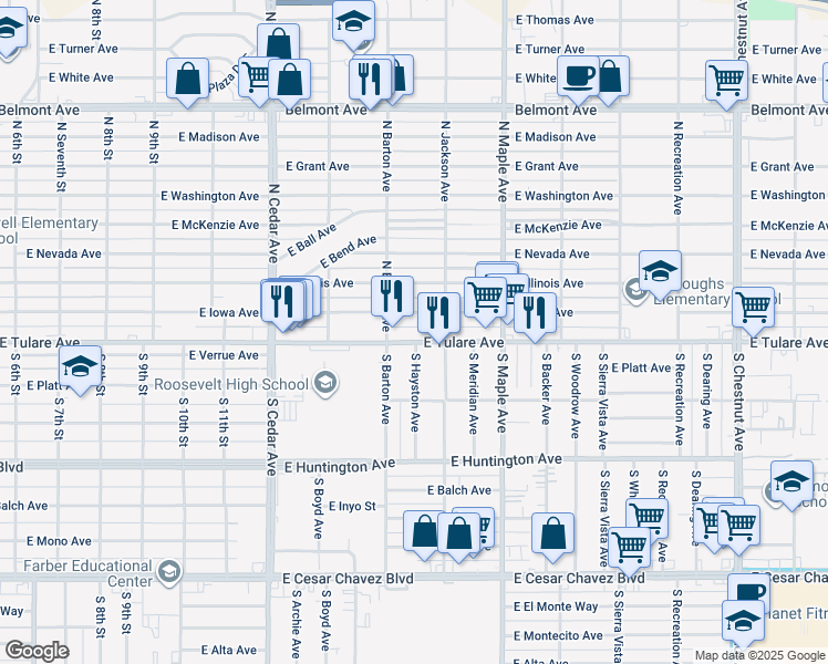 map of restaurants, bars, coffee shops, grocery stores, and more near 4506 East Iowa Avenue in Fresno