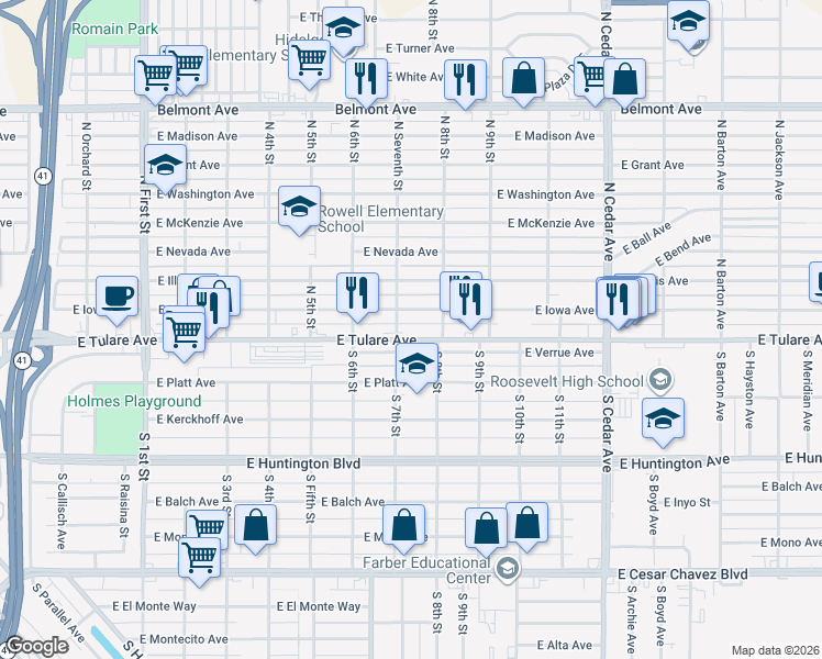 map of restaurants, bars, coffee shops, grocery stores, and more near 3748 East Iowa Avenue in Fresno