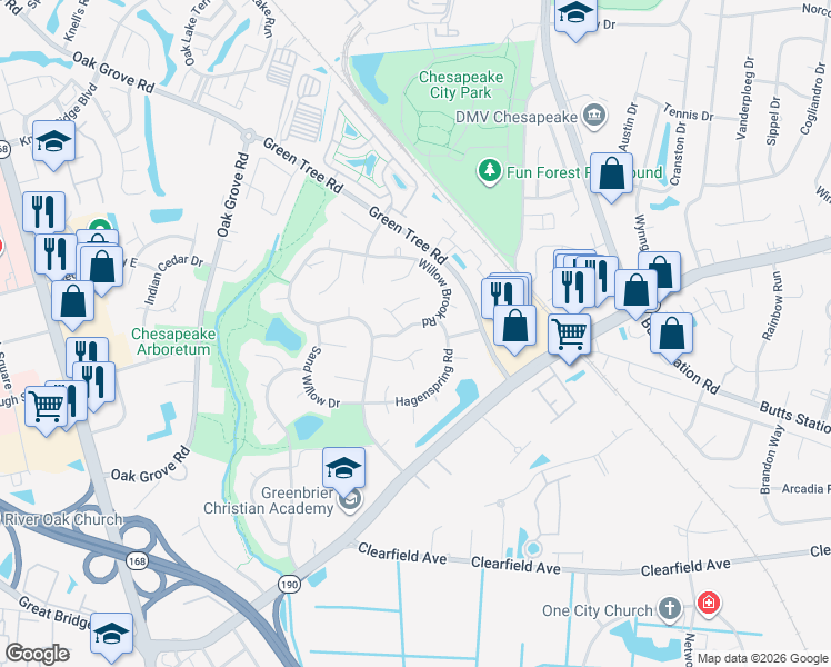 map of restaurants, bars, coffee shops, grocery stores, and more near 739 Willow Brook Road in Chesapeake