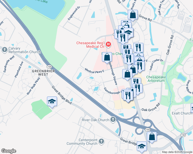 map of restaurants, bars, coffee shops, grocery stores, and more near 333 Gainsborough Square in Chesapeake